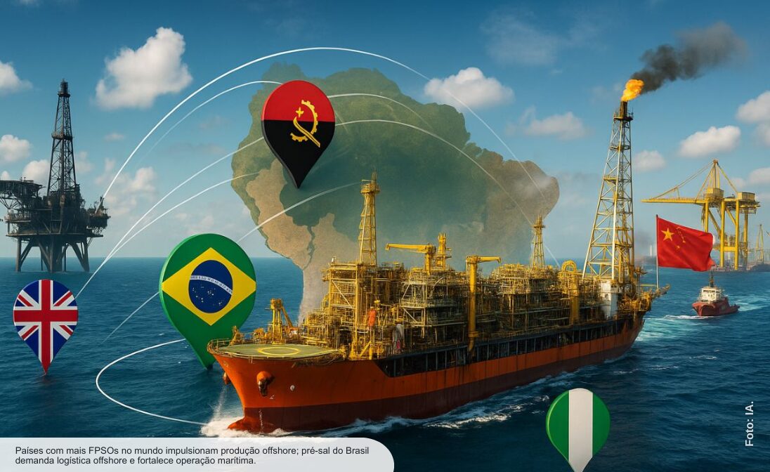 5 países com mais FPSOs no mundo: Brasil lidera com 46 FPSOs e acelera pré-sal; Reino Unido, Angola, Nigéria e China completam com oportunidades em engenharia, logística e operação marítima